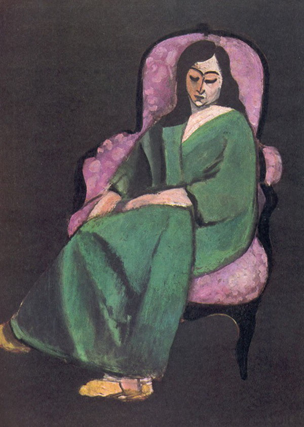 ▼ Laurette with a Green Dress, Black Background 1916